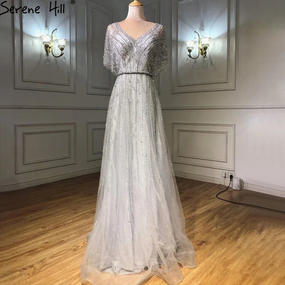 Serene Hill Luxury Dubai Red A-Line Elegant Evening Dresses Half Sleeves BeadedFor Woman Wedding Party 2025 LA70458 - SERENE HILL