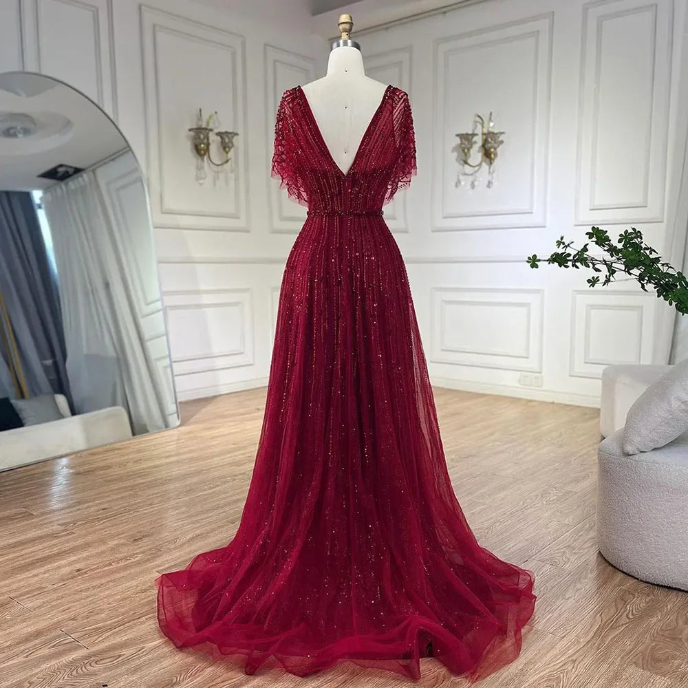Serene Hill Luxury Dubai Red A-Line Elegant Evening Dresses Half Sleeves BeadedFor Woman Wedding Party 2025 LA70458 - SERENE HILL