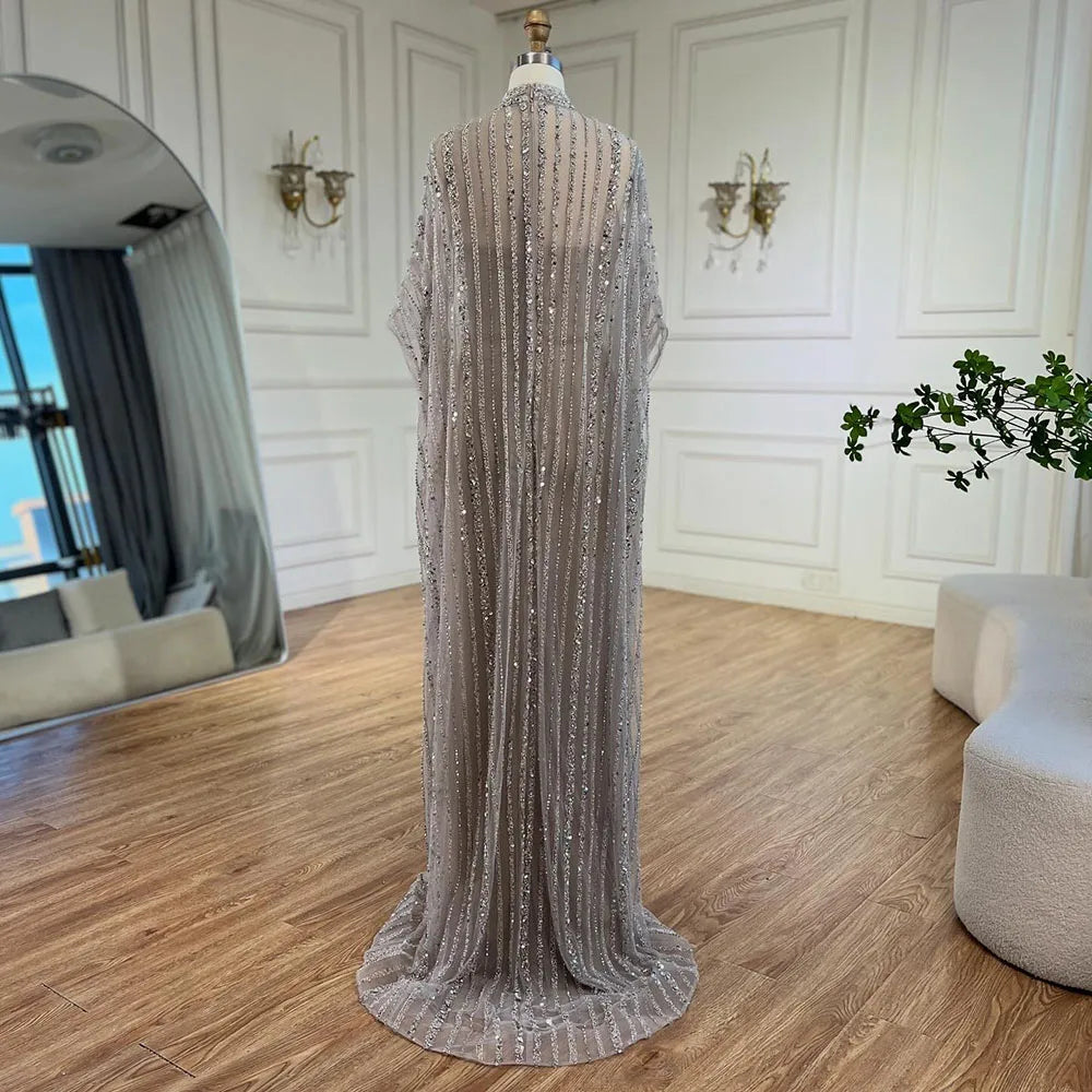 Dubai Luxury Silver Nude Cape Beaded Evening Dress LA72484 - SERENE HILL