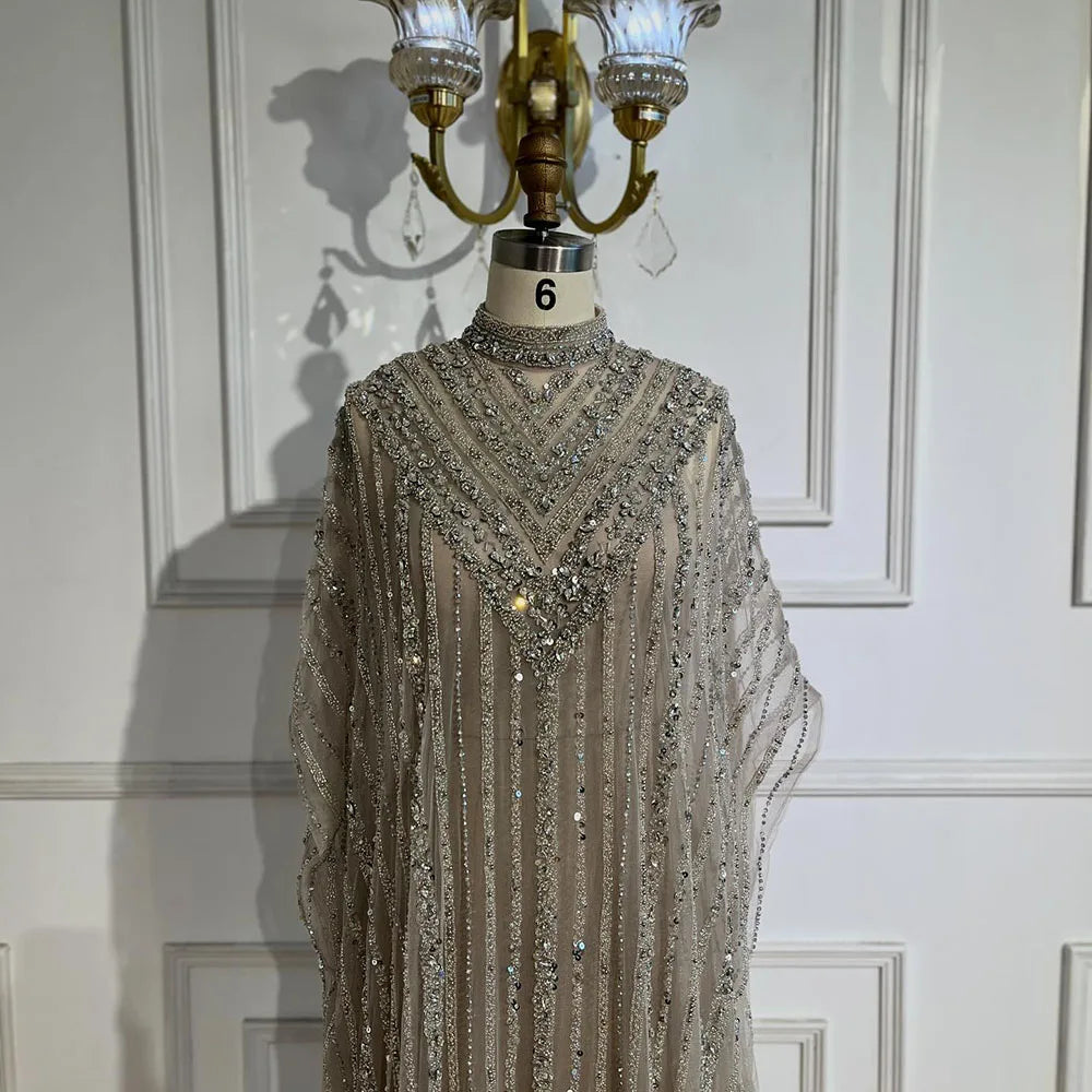 Dubai Luxury Silver Nude Cape Beaded Evening Dress LA72484 - SERENE HILL