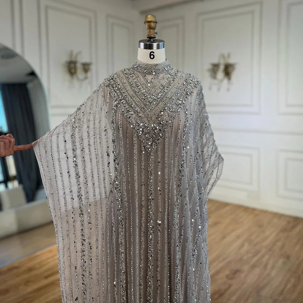 Dubai Luxury Silver Nude Cape Beaded Evening Dress LA72484 - SERENE HILL