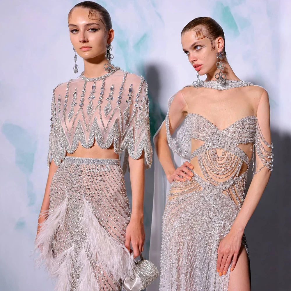 Luxury Dubai White Feathers Two Pieces Evening Dresses LA72098 - SERENE HILL