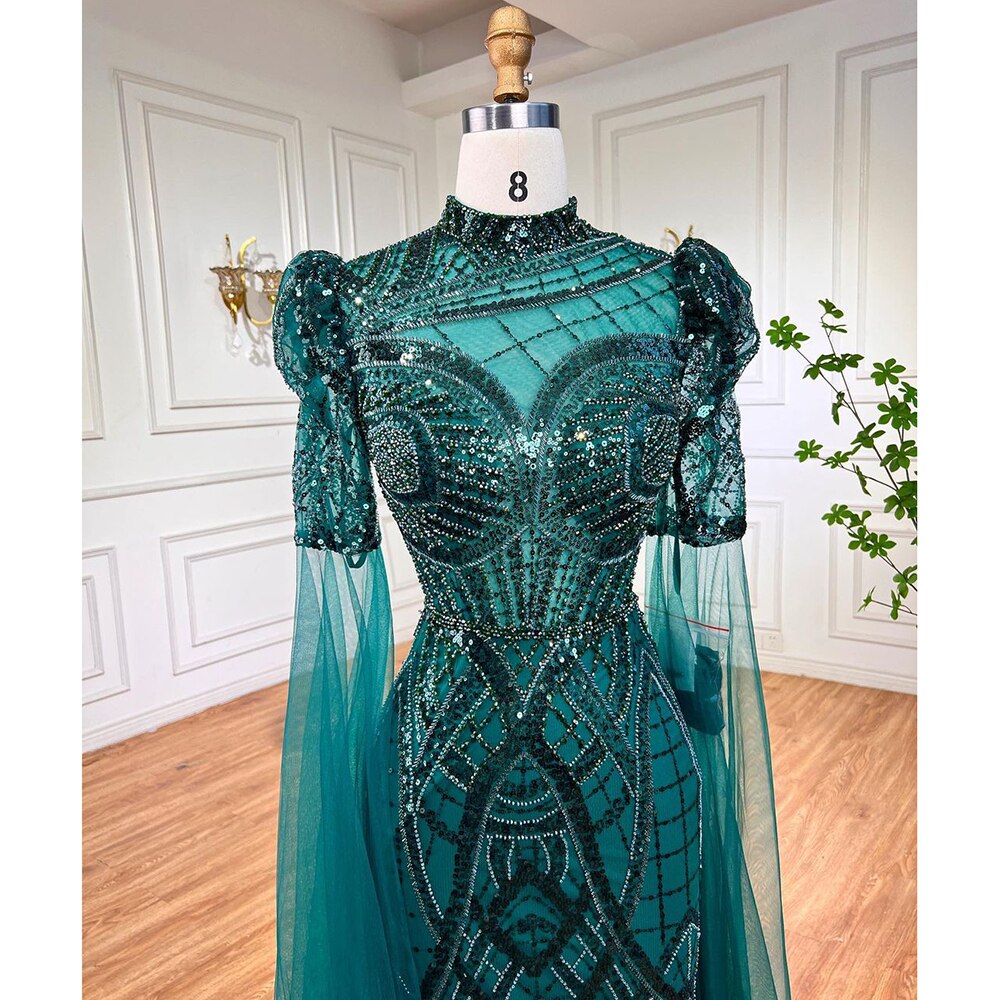 Serene Hill Luxury Emerald Green Evening Dresses with Cape Sleeves 2025 Elegant Women Wedding Party Gowns LA72077 - SERENE HILL