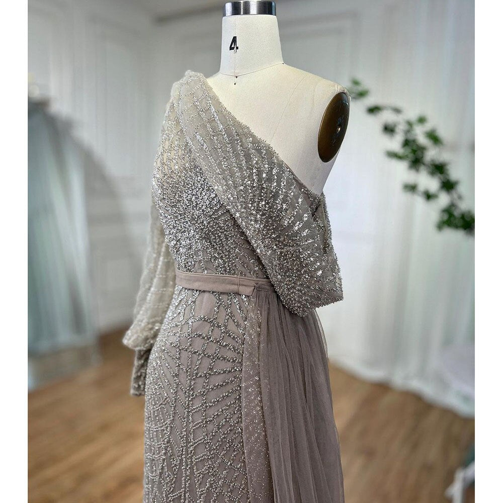 Serene Hill Mermaid Caramel One Shoulder Overskirt Beaded Luxury Evening Dresses Gowns 2025 For Women Wedding Party LA72128 - SERENE HILL