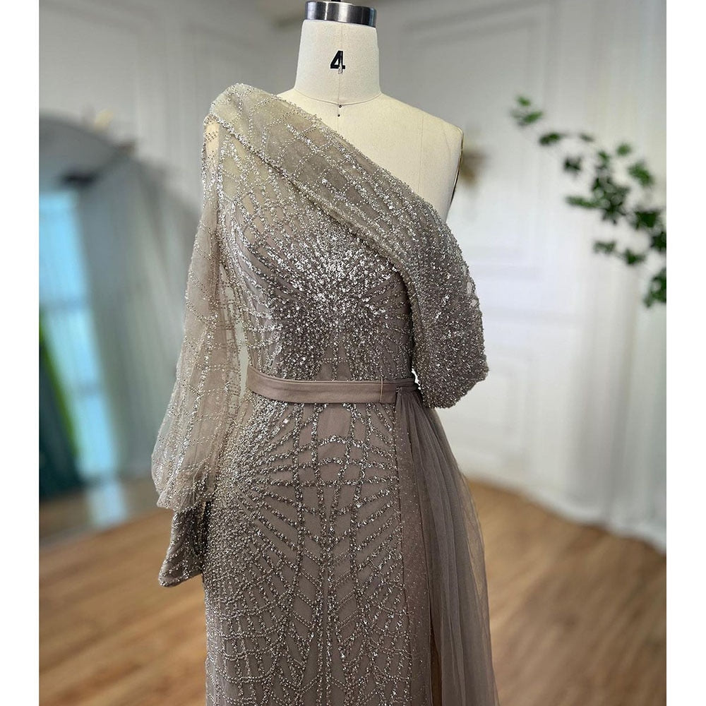 Serene Hill Mermaid Caramel One Shoulder Overskirt Beaded Luxury Evening Dresses Gowns 2025 For Women Wedding Party LA72128 - SERENE HILL