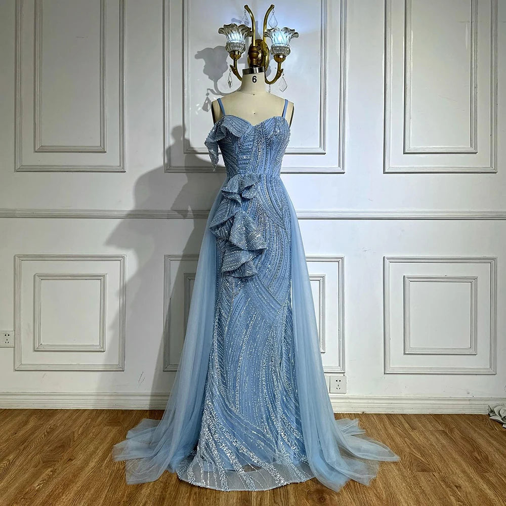 Luxury Dubai Mermaid Evening Dress With Skirt Light blue Beaded Spaghetti Strap For Formal Occasion LA72341A - SERENE HILL