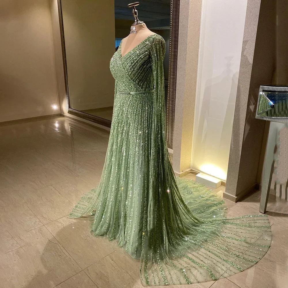 mint green cape dress Party Dresses Elegant Mint Green Chiffon Prom Dress A-Line Long Cape  Sleeves Floor Length Formal Evening Gowns fg6254 main image 1