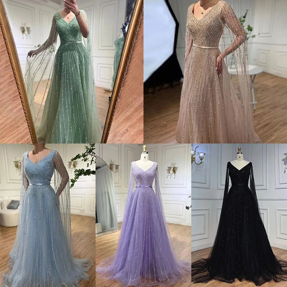Serene Hill Mint Cape Sleeves A Line Beaded Luxury Dubai Evening Dresses Long 2025 Celebrity Gowns For Woman Party LA71865 - SERENE HILL