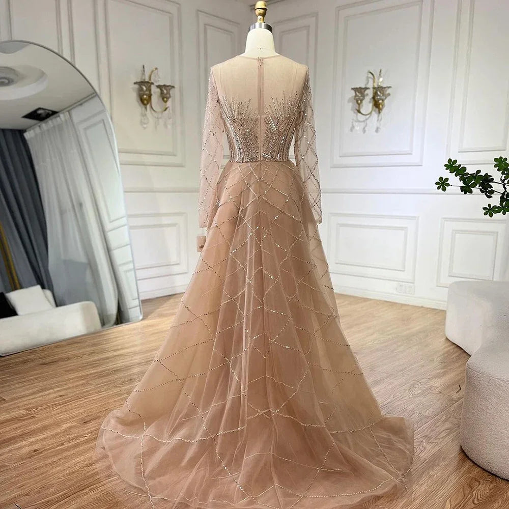 Serene Hill Muslim Beige Elegant Overskirt Mermaid Luxury Beaded Gold Evening Dresses Gowns 2025 For Woman Party LA72528 - SERENE HILL
