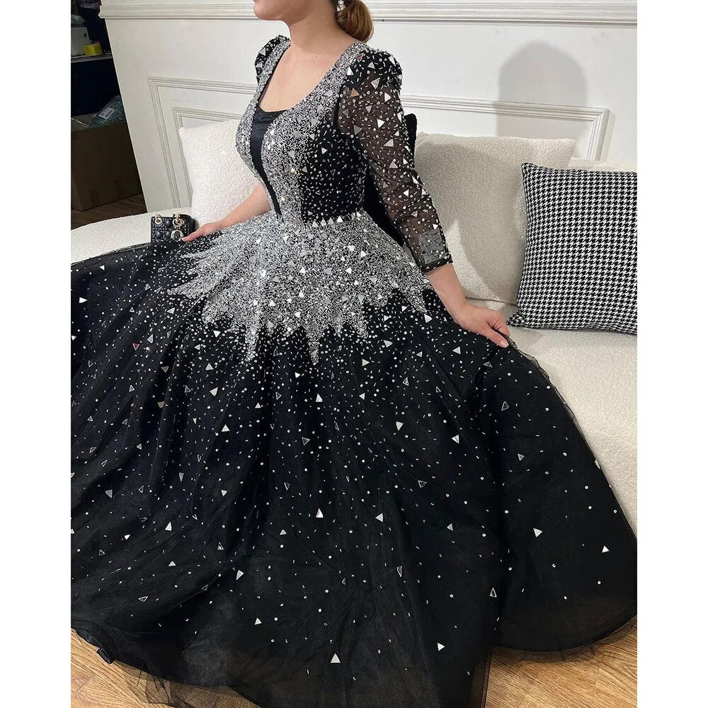 Serene Hill Muslim Black A-Line Evening Dresses Gowns 2025 Sequined Beaded Luxury For Woman Wedding Party LA71214 - SERENE HILL