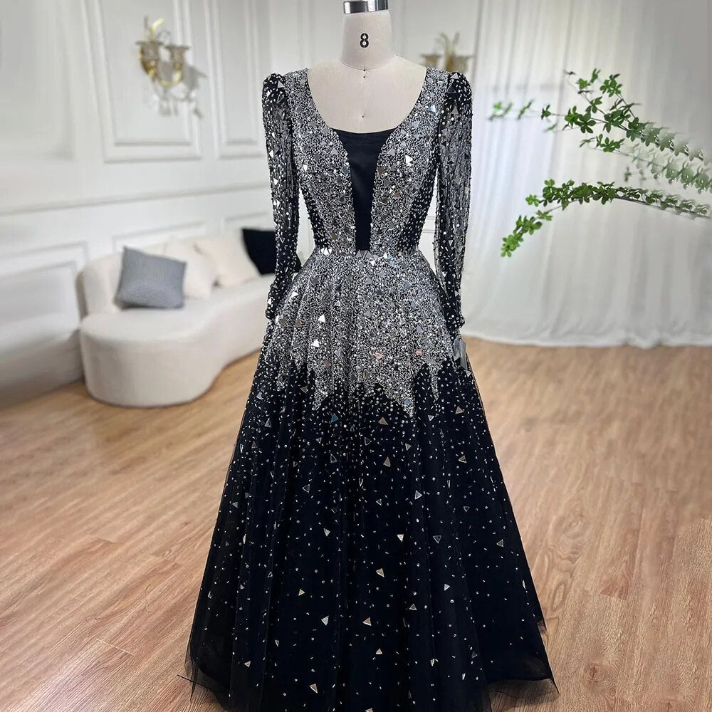 Serene Hill Muslim Black A-Line Evening Dresses Gowns 2025 Sequined Beaded Luxury For Woman Wedding Party LA71214 - SERENE HILL