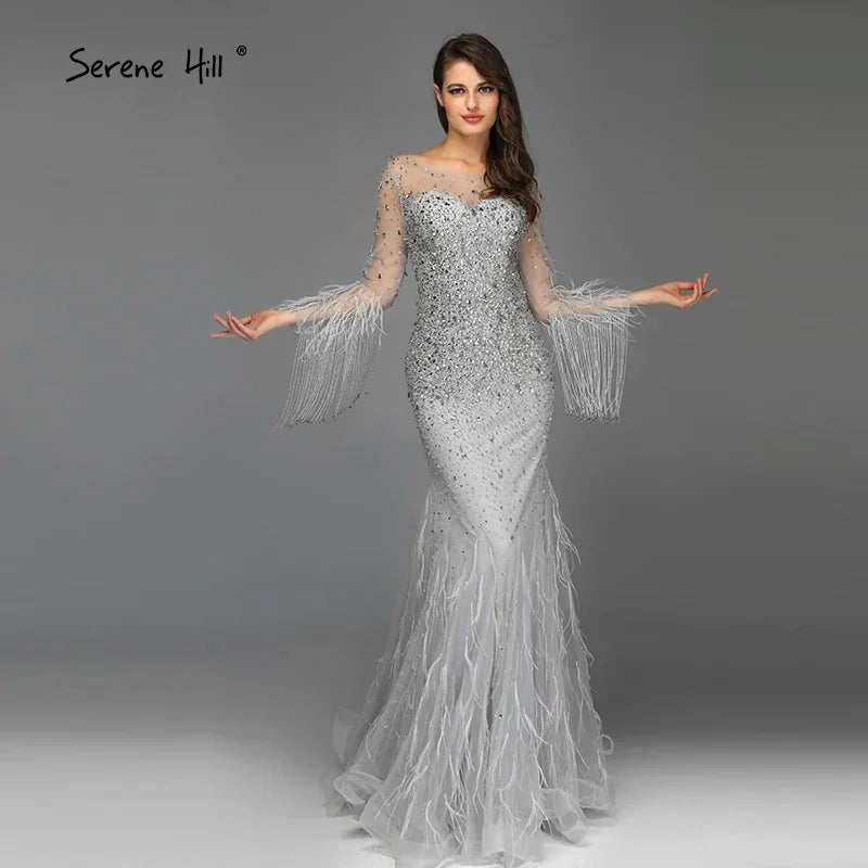 Muslim Silver Feathers Beaded Tassel Luxury Arabic Evening Dress Gown LA60912 - SERENE HILL