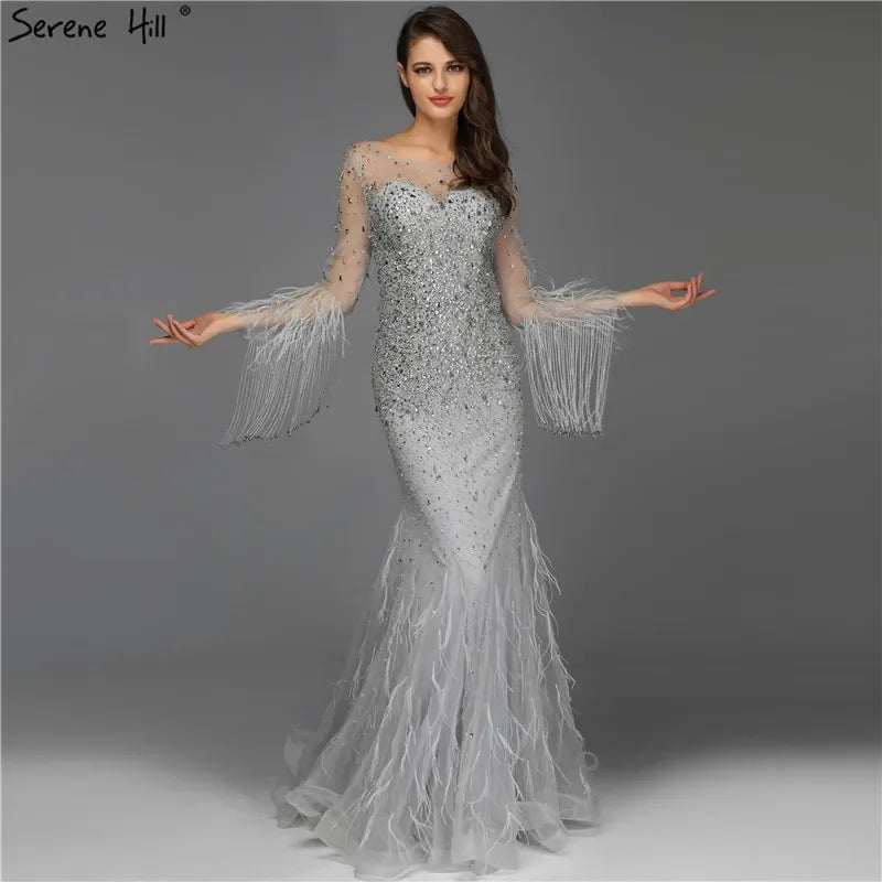 Muslim Silver Feathers Beaded Tassel Luxury Arabic Evening Dress Gown LA60912 - SERENE HILL