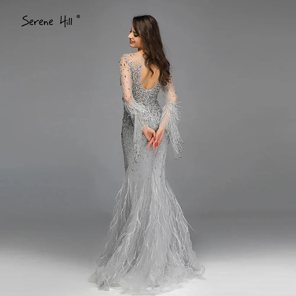 Muslim Silver Feathers Beaded Tassel Luxury Arabic Evening Dress Gown LA60912 - SERENE HILL