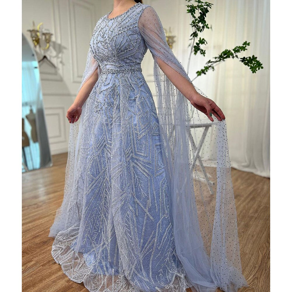 Serene Hill Muslim Blue A Line Cape Sleeves Beaded Luxury Dubai Long Evening Dresses Gowns 2025 For Women Wedding Party LA72153 - SERENE HILL