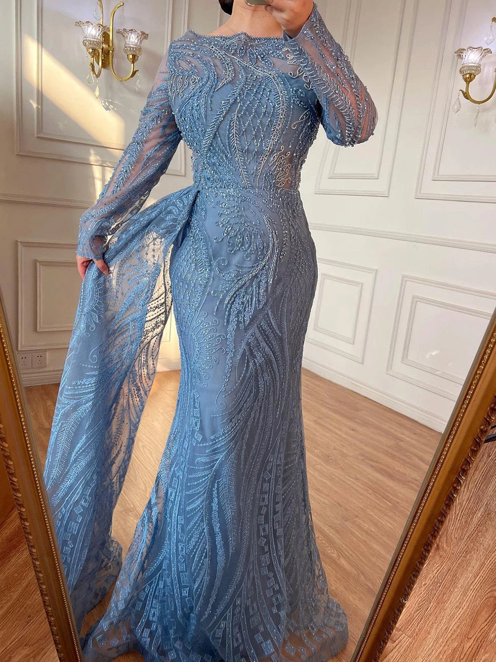 Luxury Dubai Blue Mermaid Muslim Evening Dress Overskirt Long Sleeve LA71829 - SERENE HILL