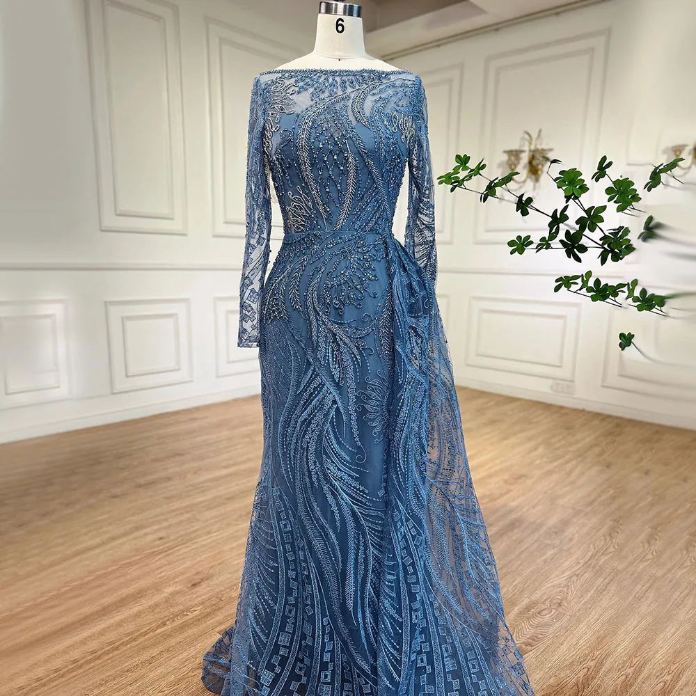 Luxury Dubai Blue Mermaid Muslim Evening Dress Overskirt Long Sleeve LA71829 - SERENE HILL