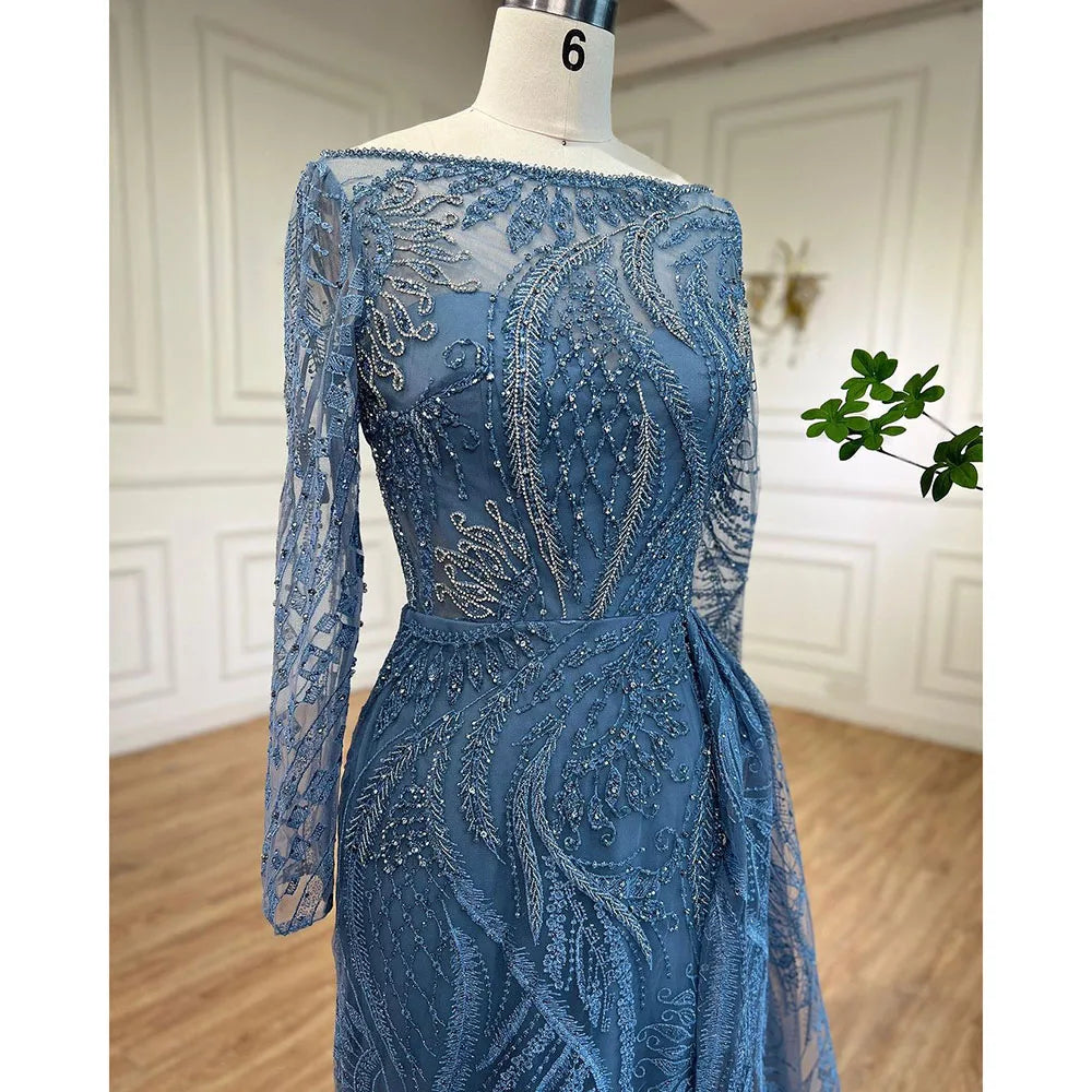 Luxury Dubai Blue Mermaid Muslim Evening Dress Overskirt Long Sleeve LA71829 - SERENE HILL