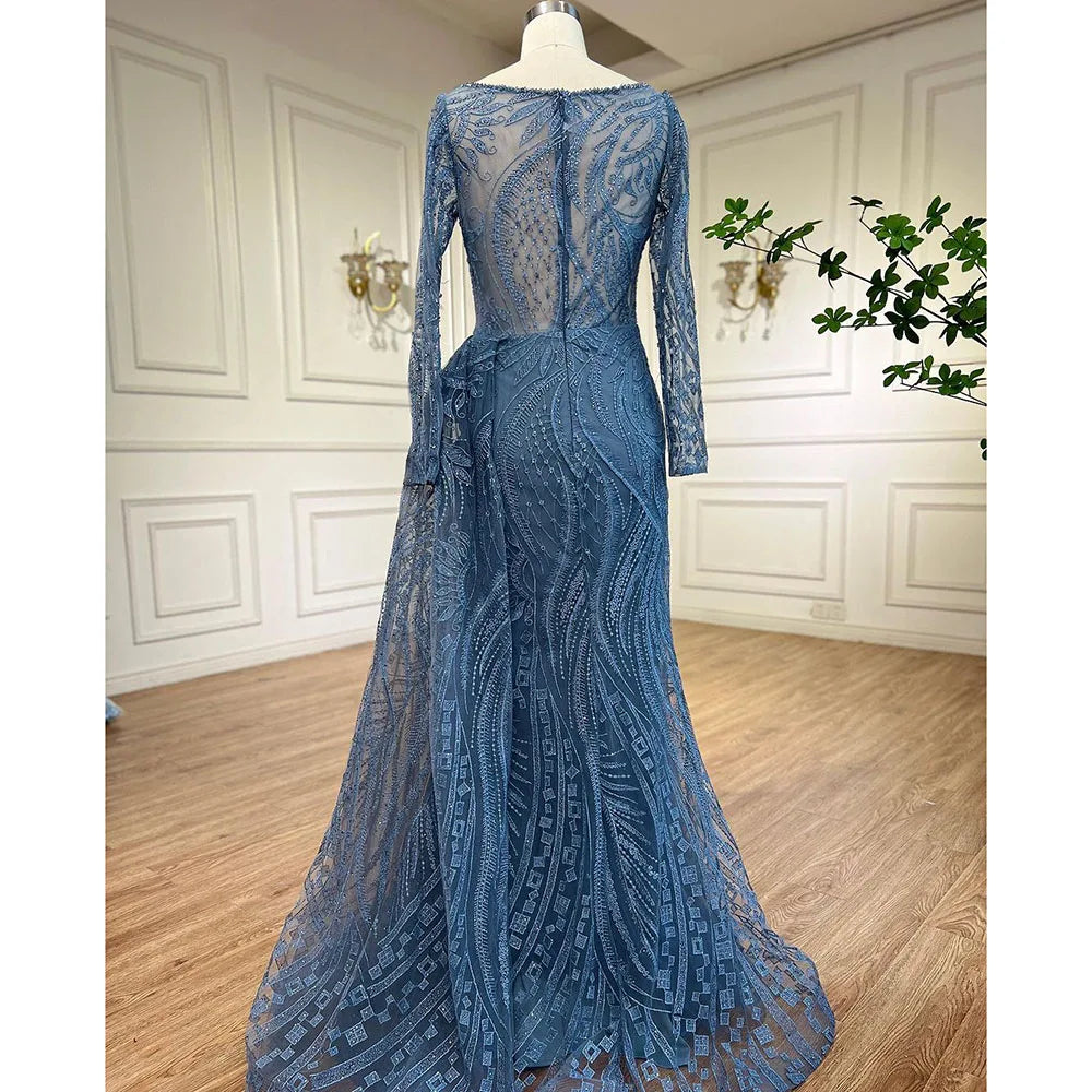 Luxury Dubai Blue Mermaid Muslim Evening Dress Overskirt Long Sleeve LA71829 - SERENE HILL