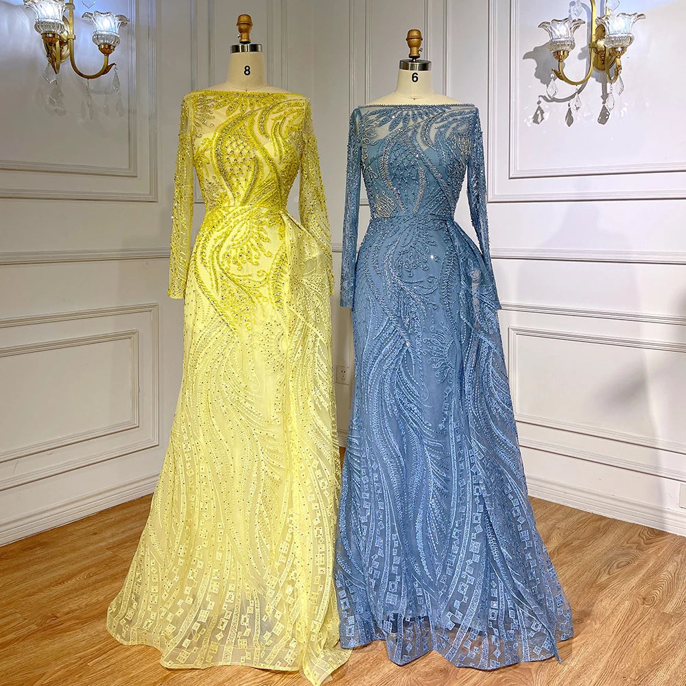 Luxury Dubai Blue Mermaid Muslim Evening Dress Overskirt Long Sleeve LA71829 - SERENE HILL