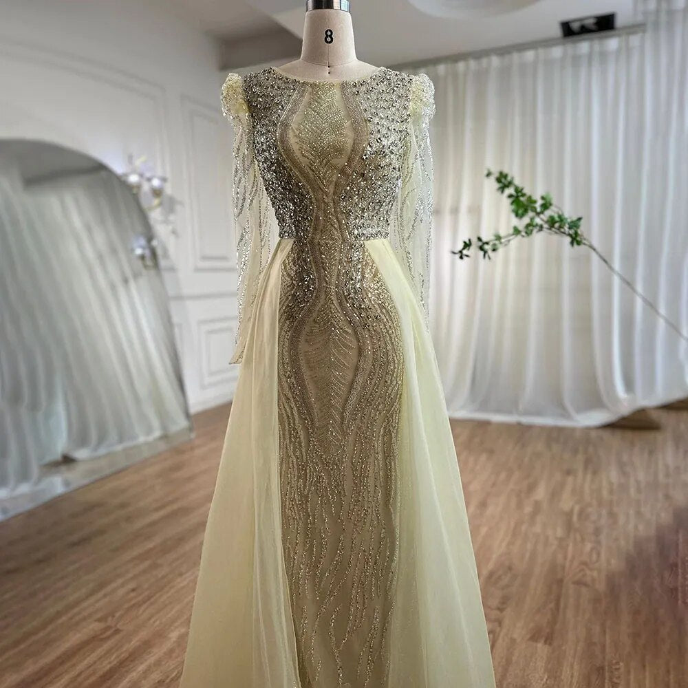 Serene Hill Muslim Blue Mermaid Over Skirt Evening Dresses Beads Puff Shoulder Formal Gowns 2025 For Women Party LA72030 - SERENE HILL