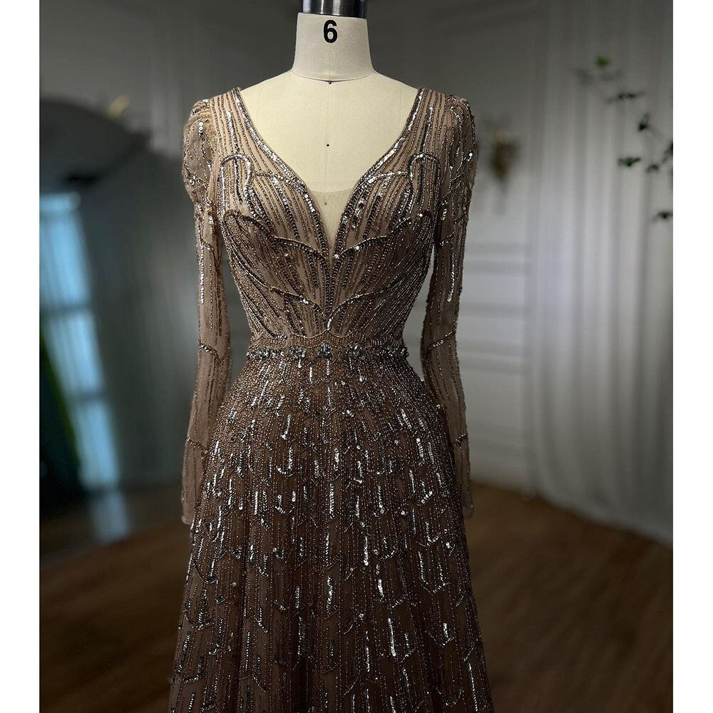 Serene Hill Muslim Designer Luxury Caramel A Line V Neck Beaded Evening Dresses Gowns For Women Wedding Party 2025 LA71940 - SERENE HILL