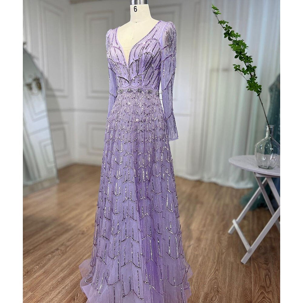 Serene Hill Muslim Designer Luxury Caramel A Line V Neck Beaded Evening Dresses Gowns For Women Wedding Party 2025 LA71940 - SERENE HILL