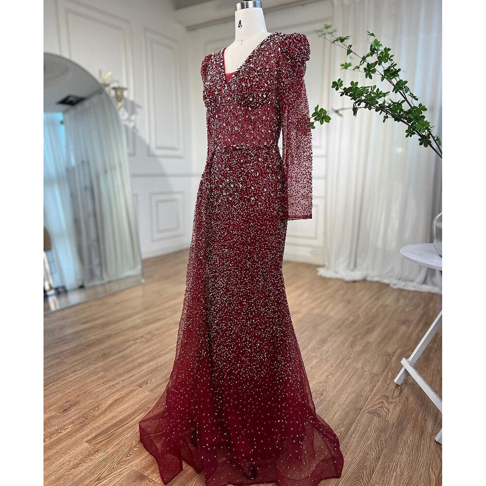 Serene Hill Muslim Designer Luxury Wine Red Mermaid V Neck Beaded Evening Dresses Gowns For Women Wedding Party 2025 LA72148 - SERENE HILL