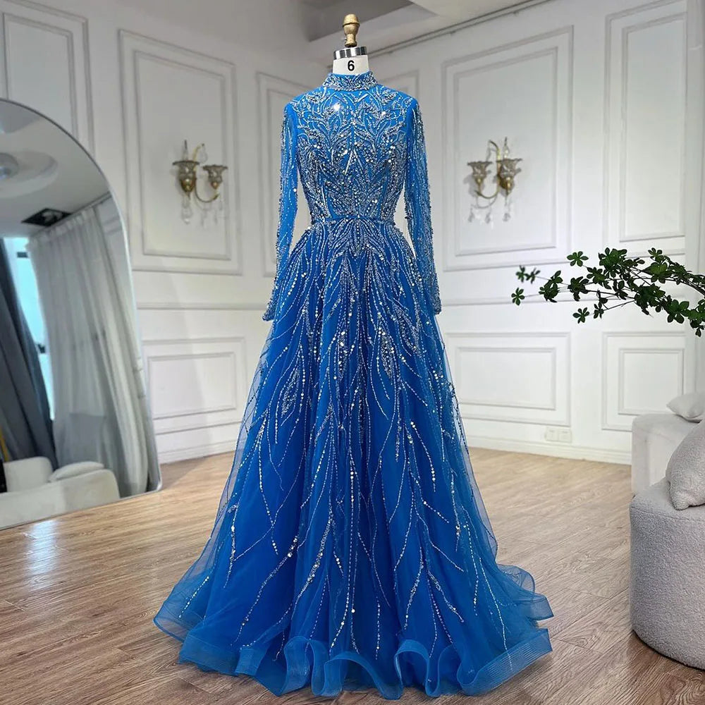 Muslim Formal Blue A-Line Beaded Evening Dress LA72302A - Blue / 4 Muslim Formal Blue A-Line Beaded Evening Dress LA72302A - Blue / 4