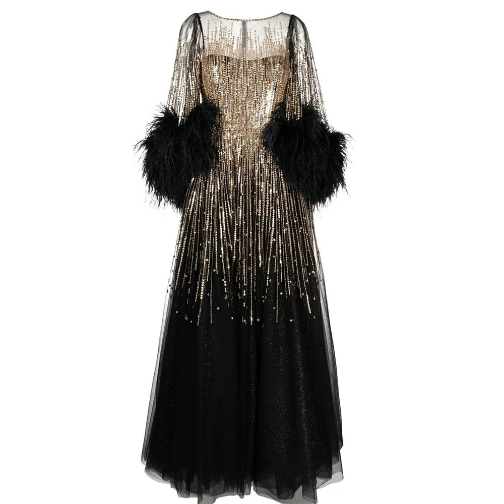 Luxury Feathers Black Dubai Evening Dresses LA72248 - SERENE HILL