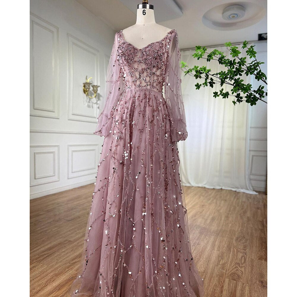 Serene Hill Muslim Gold Luxury A-Line Evening Dreses Gowns 2025 Puff Sleeves Beaded Sexy Formal Woman Party LA71049 - SERENE HILL