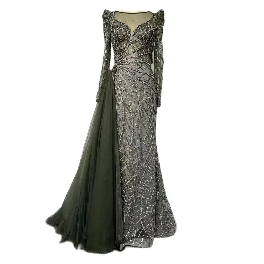 Muslim Luxury Blue Beaded Mermaid Evening Dress with Side Overskirt LA72206 - SERENE HILL