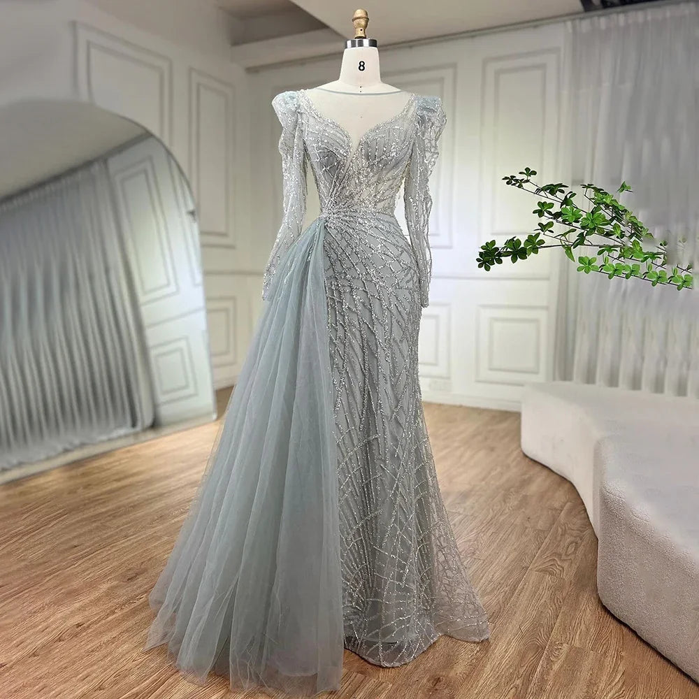 Muslim Luxury Blue Beaded Mermaid Evening Dress with Side Overskirt LA72206 - SERENE HILL