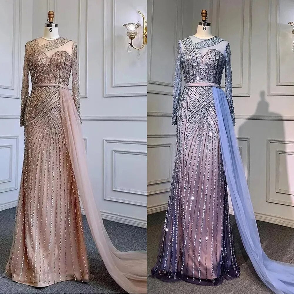 Serene Hill Muslim Gold Mermaid Elegant Beaded Luxury Dubai Evening Dresses Gowns For Women Wedding Party 2025 LA71429 - SERENE HILL