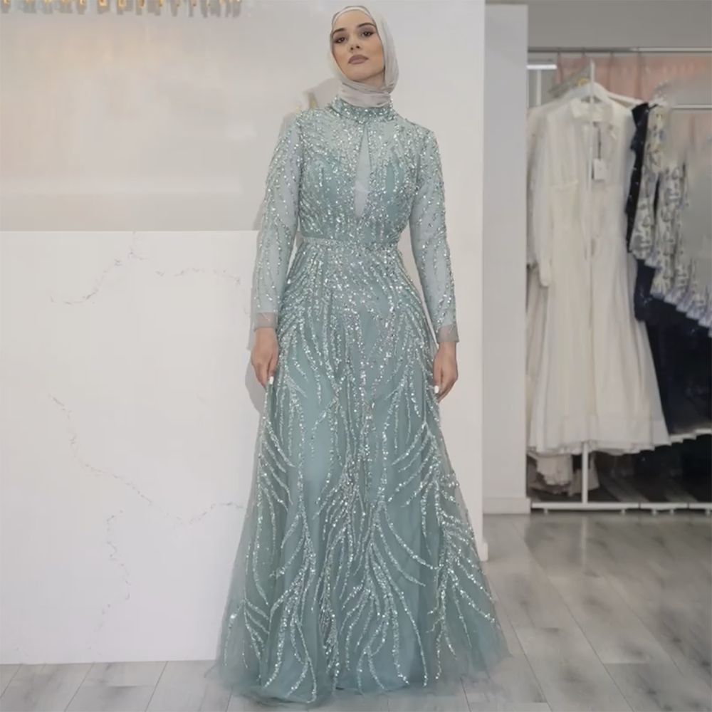 On Sale no return no refund Serene Hill Muslim Gold Mermaid Elegant Luxury Evening Dresses Gowns High Neck Beaded 2025 For Women Party LA71682 - SERENE HILL