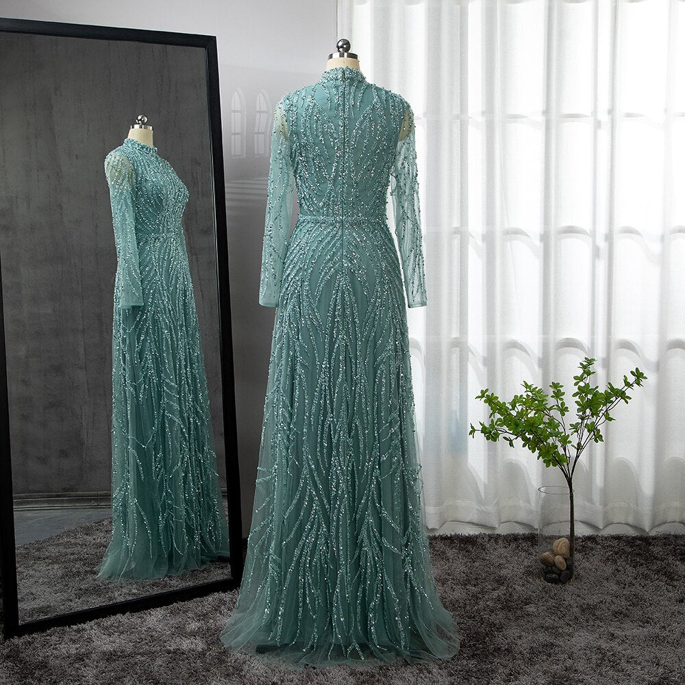 On Sale no return no refund Serene Hill Muslim Gold Mermaid Elegant Luxury Evening Dresses Gowns High Neck Beaded 2025 For Women Party LA71682 - SERENE HILL