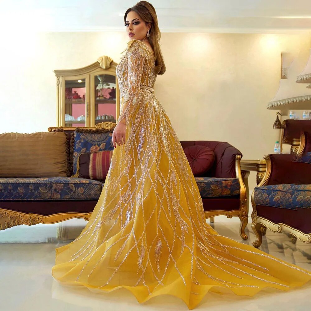 Serene Hill Muslim Gold Mermaid With Overskirt Beaded Luxury Dubai Evening Dresses Gowns 2025 For Women Wedding Party LA72211 - SERENE HILL