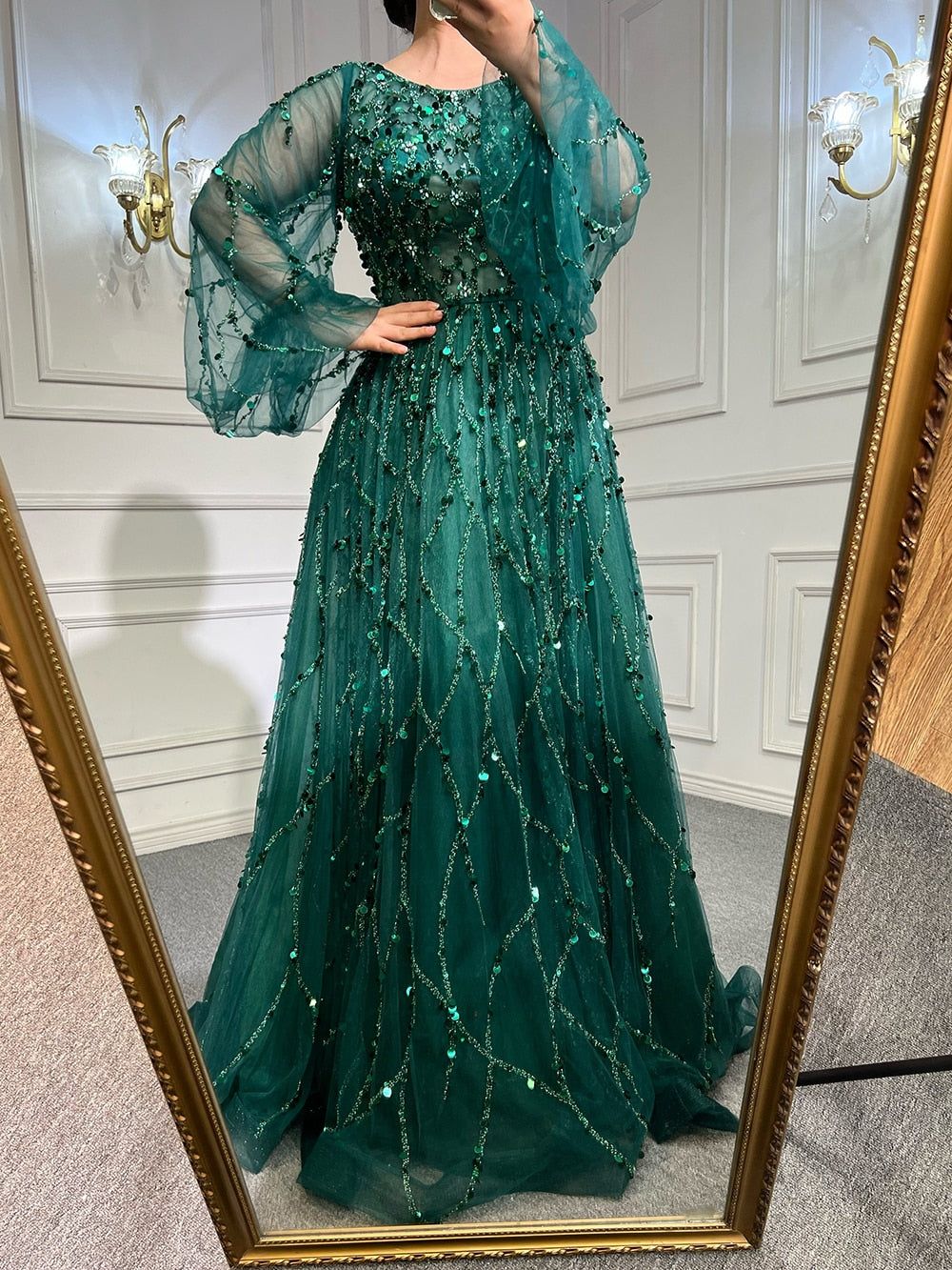 Serene Hill Muslim Green A-Line Luxury Evening Dreses Gowns 2025 O-Neck Puff Sleeves Beaded Sexy Formal Woman Party LA71049A - SERENE HILL