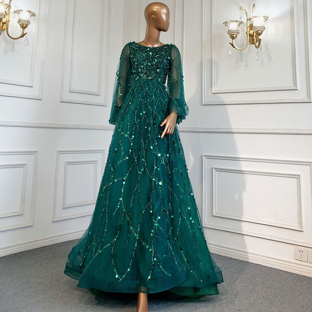 Serene Hill Muslim Green A-Line Luxury Evening Dreses Gowns 2025 O-Neck Puff Sleeves Beaded Sexy Formal Woman Party LA71049A - SERENE HILL