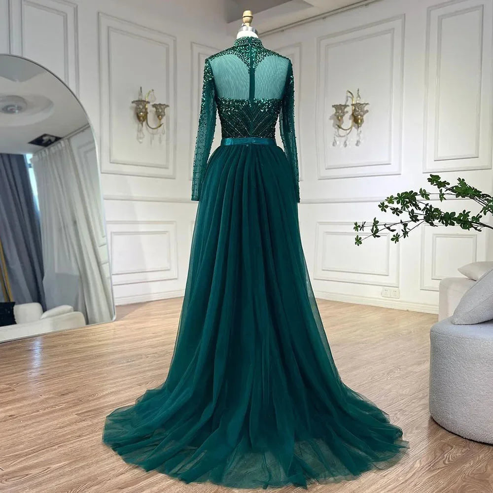 Serene Hill Muslim Green Elegant Mermaid Luxury Lace Beaded Arabic Evening Dresses Gowns For Women Wedding Party 2025 LA71913 - SERENE HILL