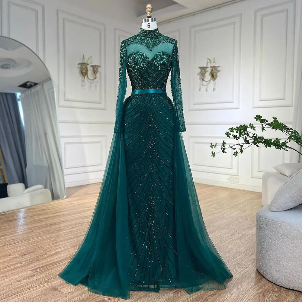 Serene Hill Muslim Green Elegant Mermaid Luxury Lace Beaded Arabic Evening Dresses Gowns For Women Wedding Party 2025 LA71913 - SERENE HILL