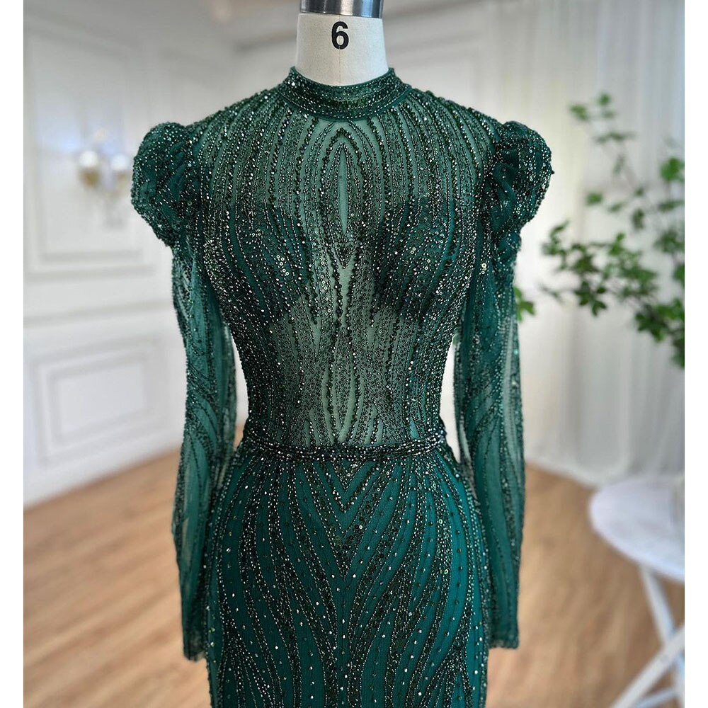 Serene Hill Muslim Green Mermaid Elegant Luxury Beaded Arabic Long Evening Dresses Gowns For Women Wedding Party 2025 LA72134 - SERENE HILL