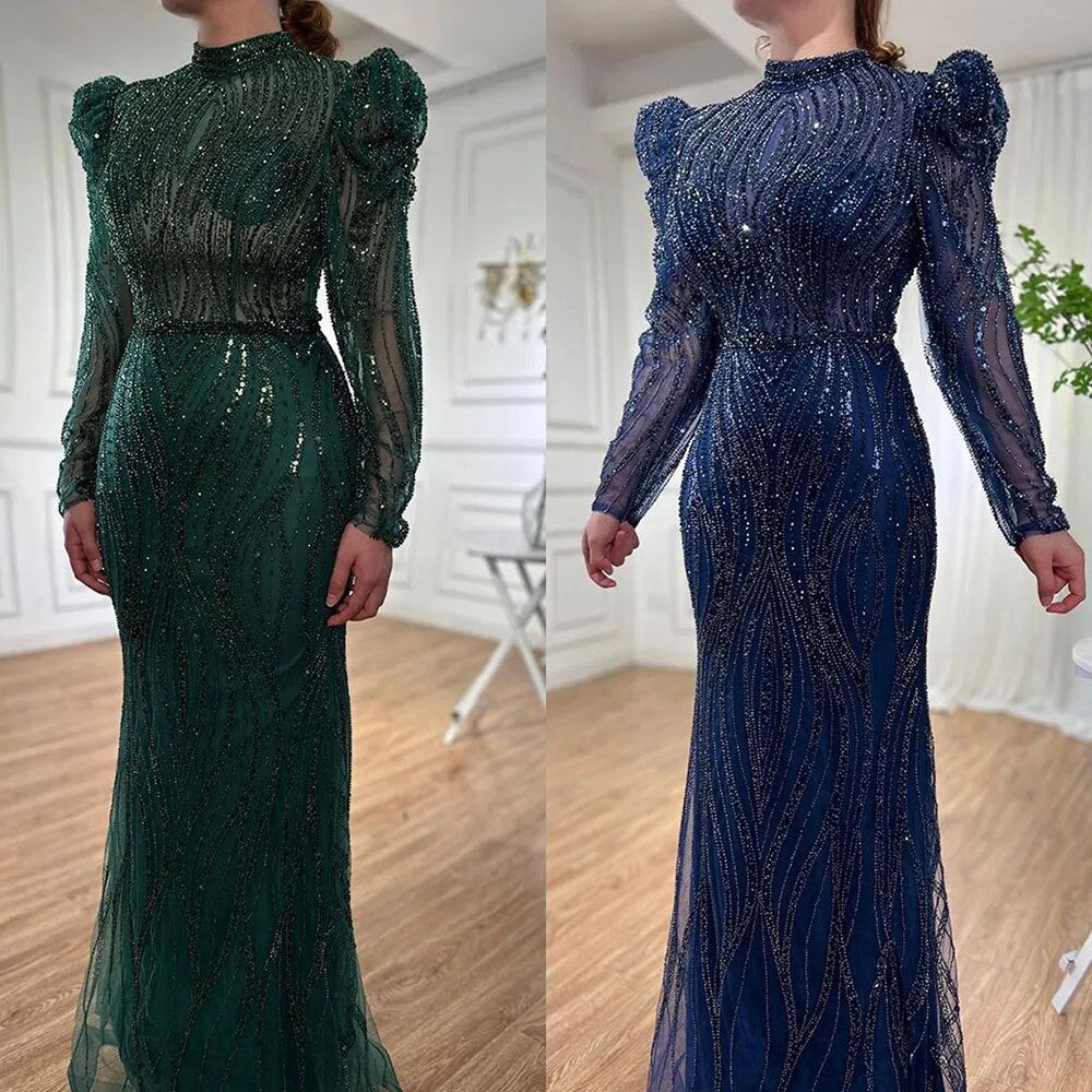 Serene Hill Muslim Green Mermaid Elegant Luxury Beaded Arabic Long Evening Dresses Gowns For Women Wedding Party 2025 LA72134 - SERENE HILL