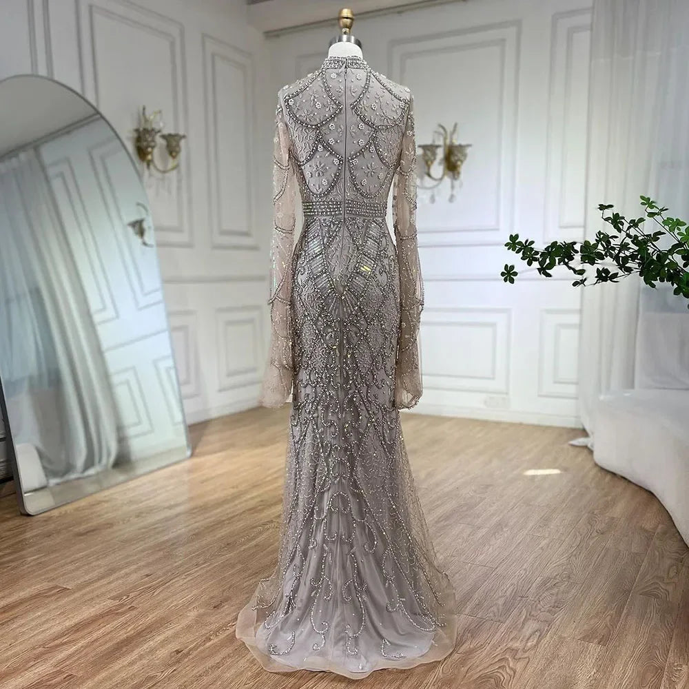 Muslim Grey Mermaid Long Sleeve Beaded Evening Dress LA72316 - SERENE HILL