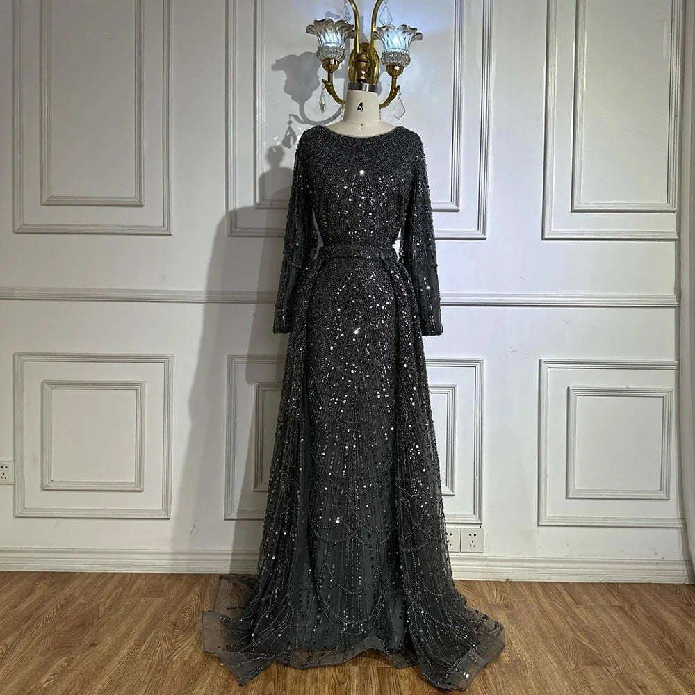 Luxury Dubai Muslim Grey Mermaid Pearls Beaded Evening Dresses Gowns For Formal Occasion LA72032H - SERENE HILL