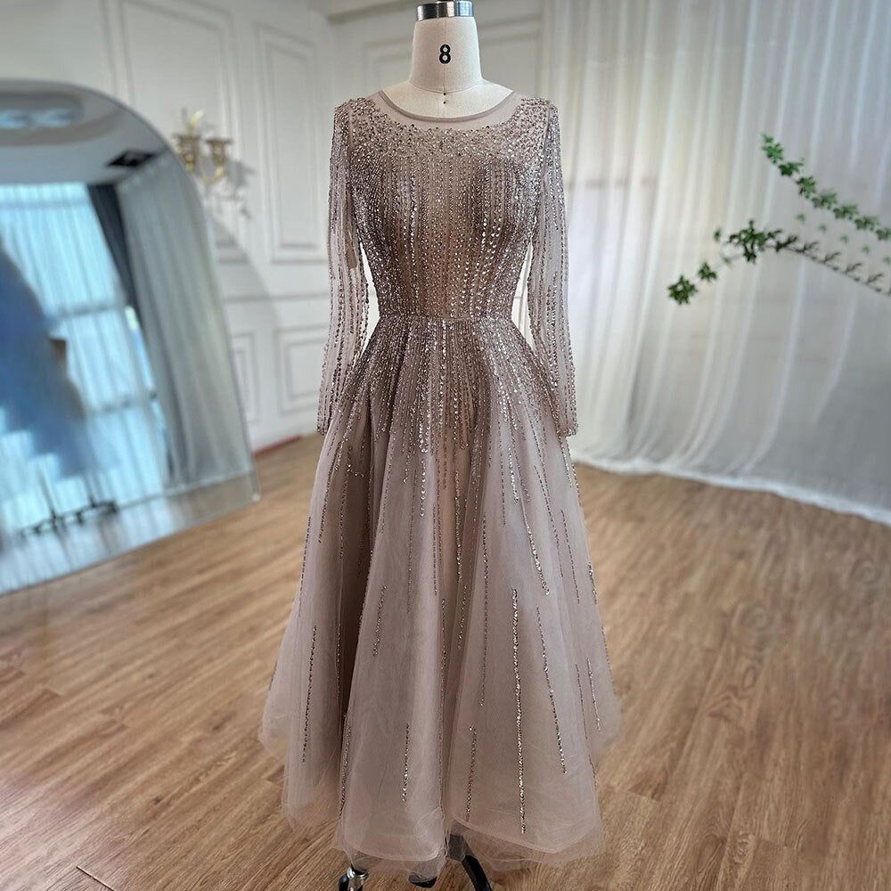 Serene Hill Muslim Luxury Beaded Caramel A-Line Midi Ankle-Length Evening Dresses Gowns 2025 Formal Woman Wedding Party LA71111 - SERENE HILL