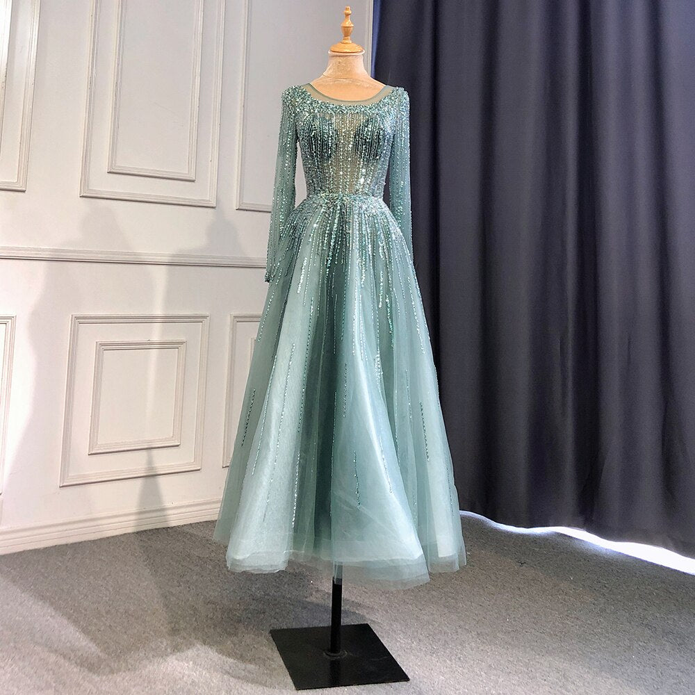 Serene Hill Muslim Luxury Beaded Caramel A-Line Midi Ankle-Length Evening Dresses Gowns 2025 Formal Woman Wedding Party LA71111 - SERENE HILL