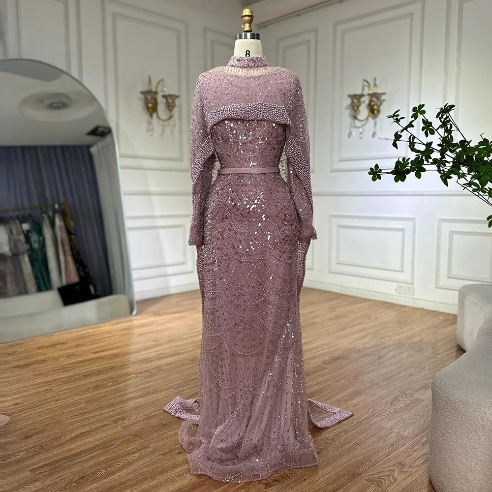 Luxury Dubai Muslim Mermaid Long Cape Evening Dresses Pearls Beaded Gowns For Formal Occasion LA72032MP - SERENE HILL