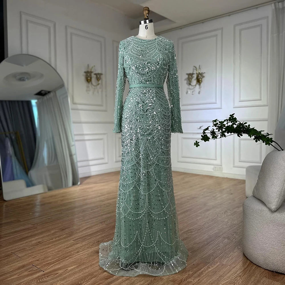 Luxury Dubai Muslim Mermaid Long Cape Evening Dresses Pearls Beaded Gowns For Formal Occasion LA72032MP - SERENE HILL