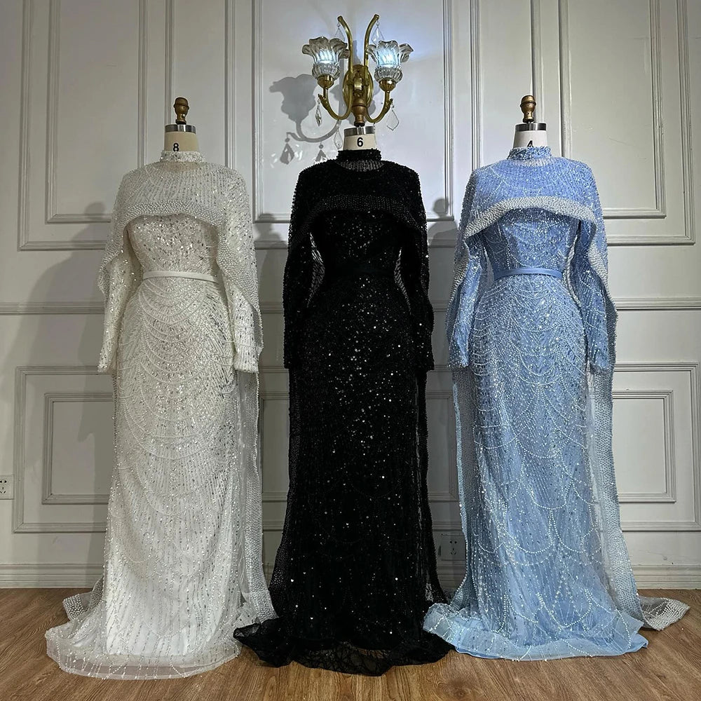 Luxury Dubai Muslim Mermaid Long Cape Evening Dresses Pearls Beaded Gowns For Formal Occasion LA72032MP - SERENE HILL